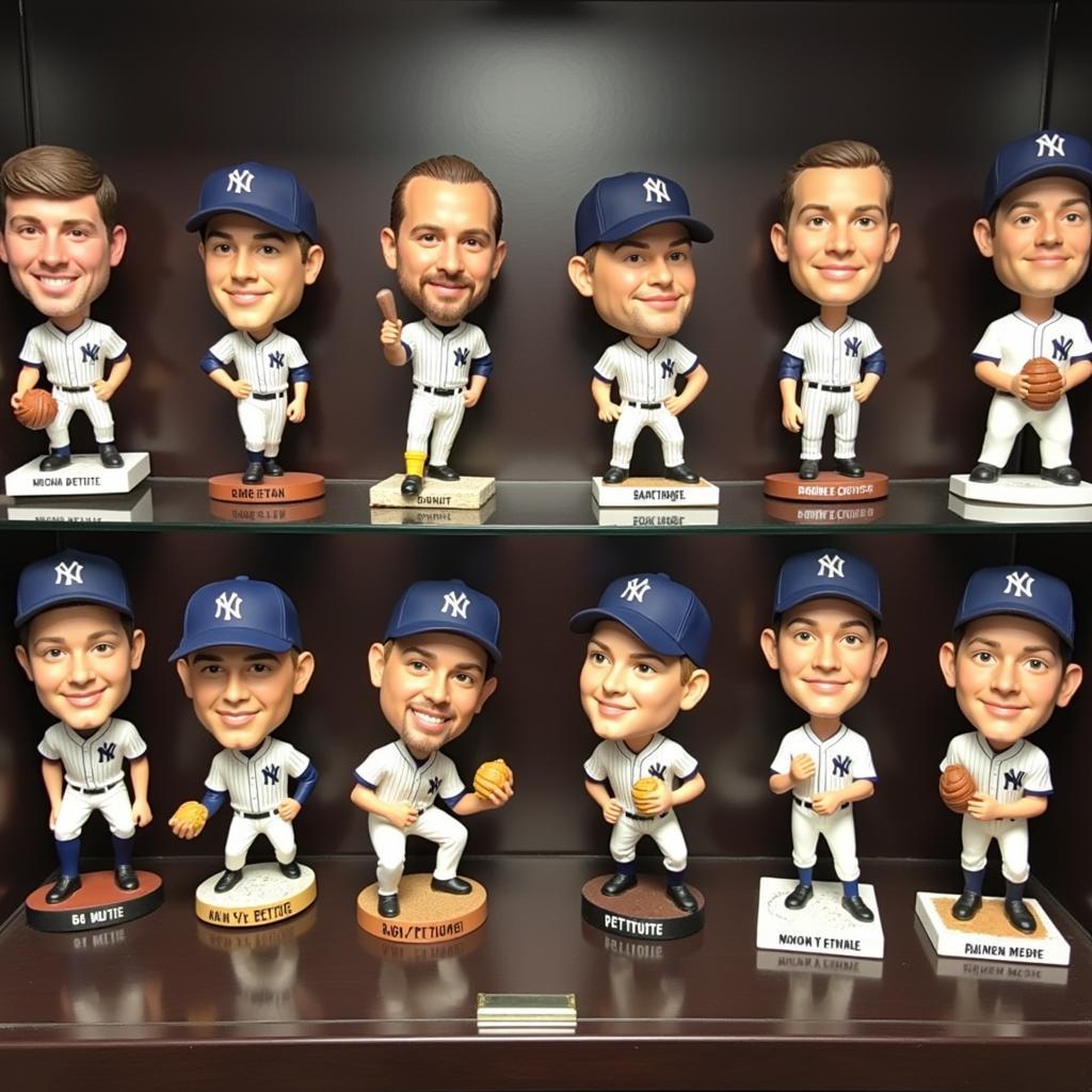 A display case filled with various Andy Pettitte bobbleheads