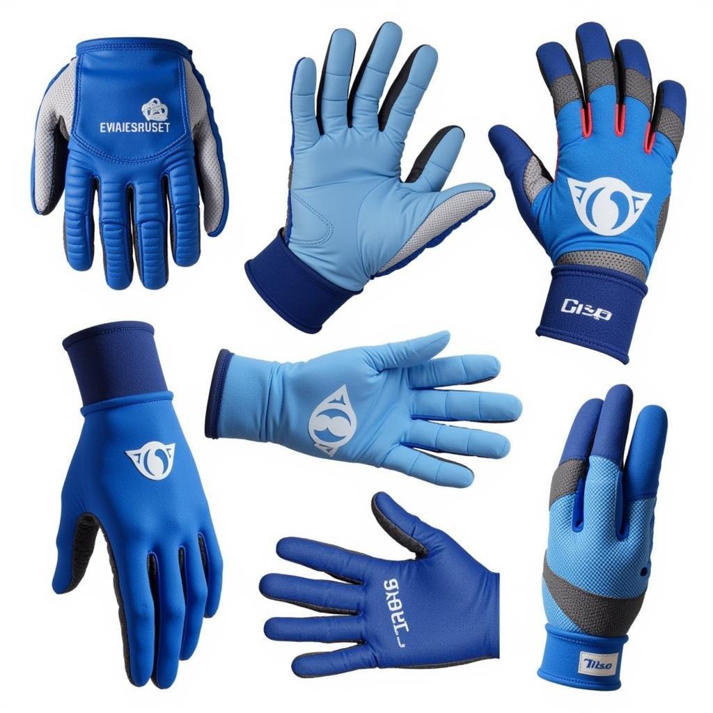 Display of different styles and shades of blue batting gloves