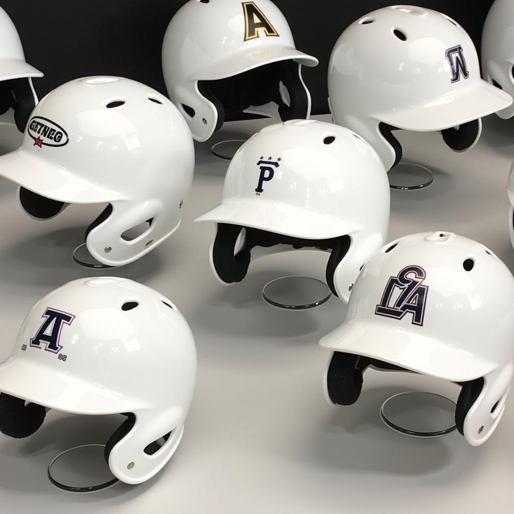 Variety of White Baseball Helmets on Display