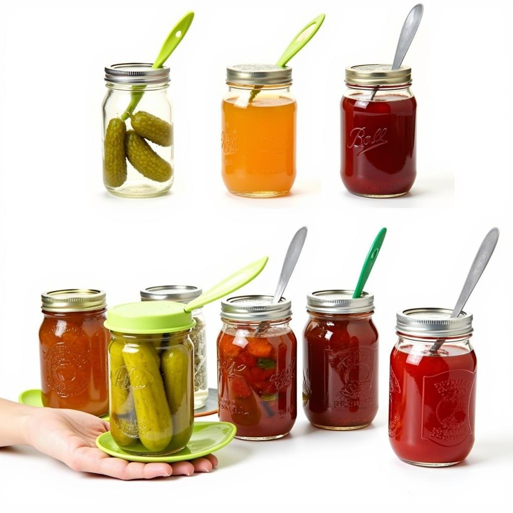 A collection of different sized jars opened using a pickle bucket opener