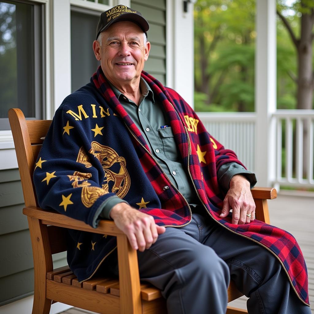 Veteran Showing Pride with His Marine Corps Throw Blanket