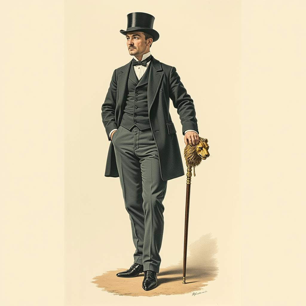 Victorian Gentleman Leaning on Walking Stick with Brass Head