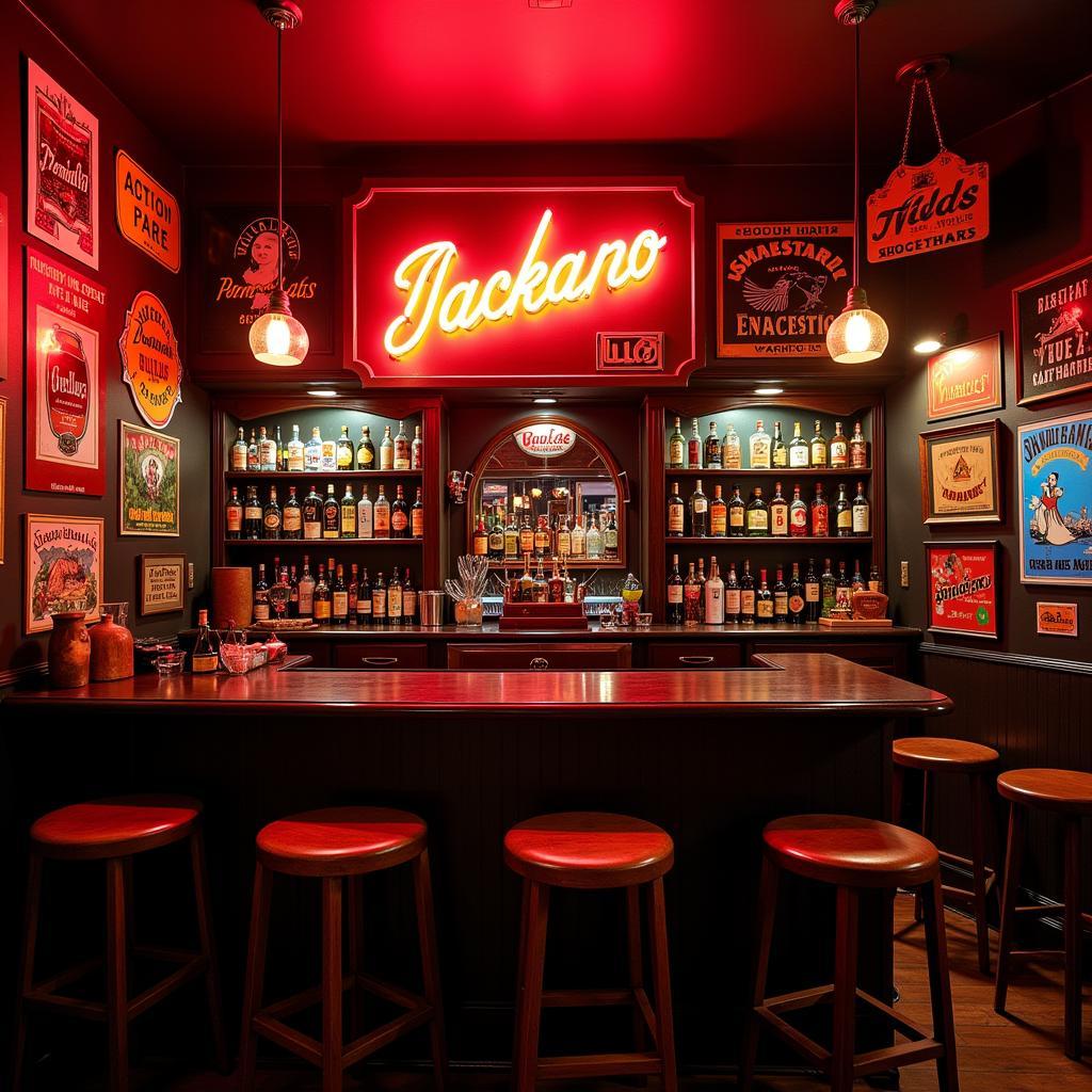 Vintage alcohol signs in a home bar setup