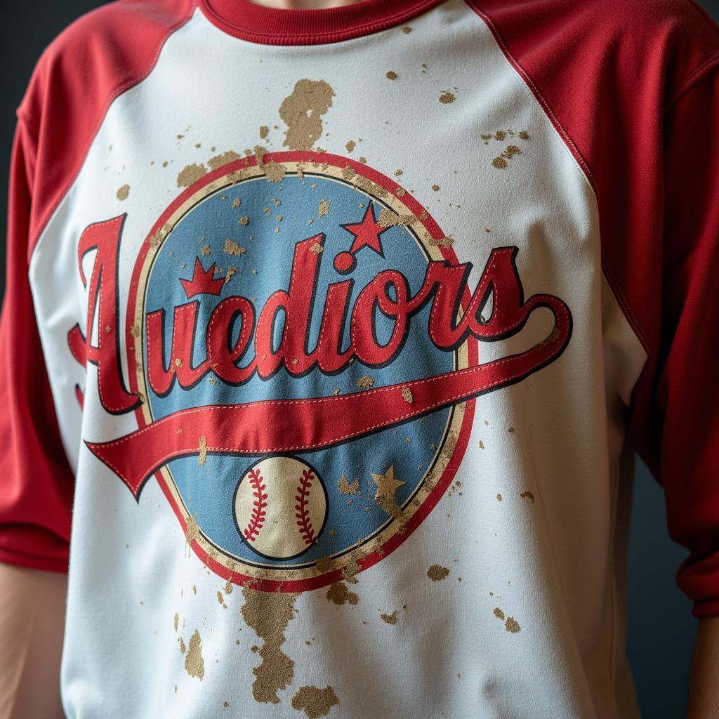 A close-up of a vintage baseball band shirt.