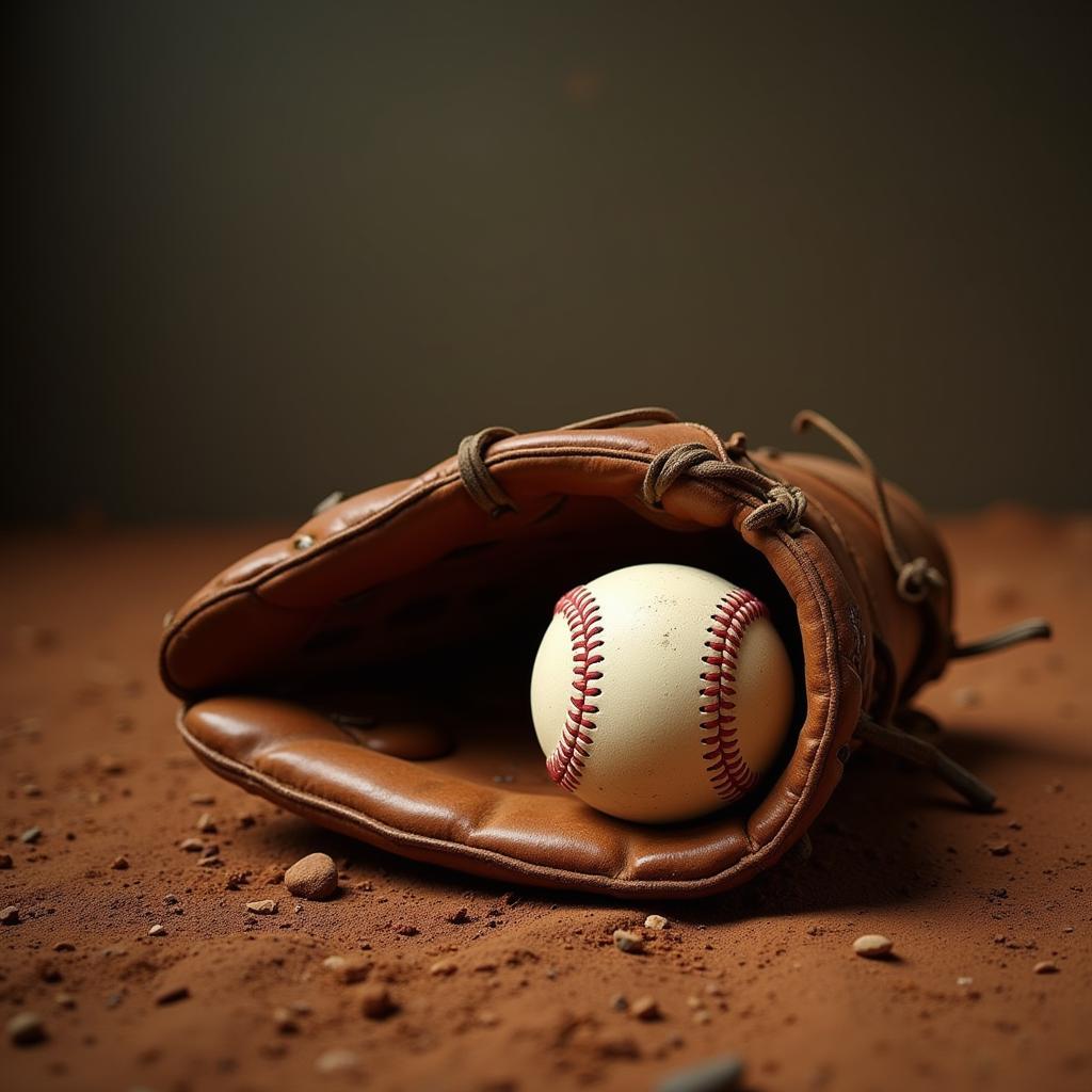 Vintage Baseball Glove and Ball on a Dusty Field