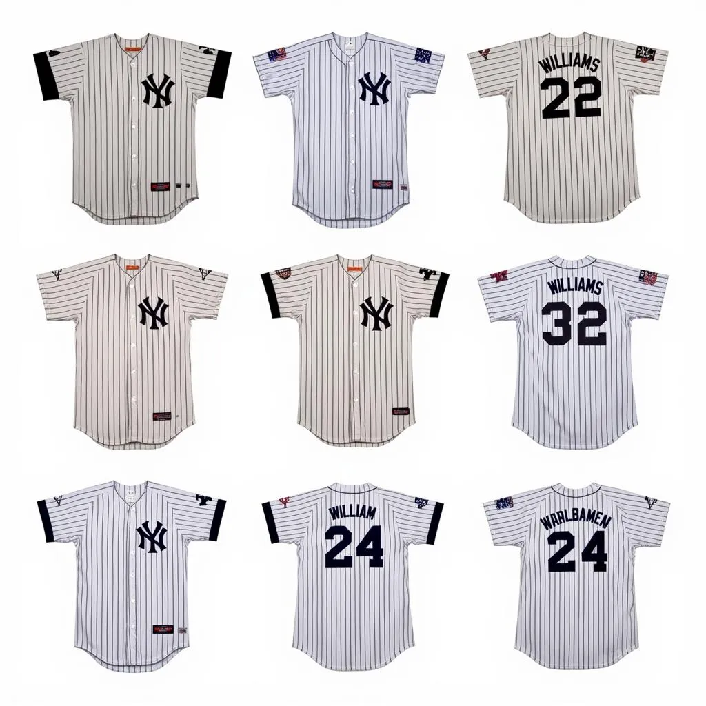 A display of framed vintage Bernie Williams jerseys from different seasons