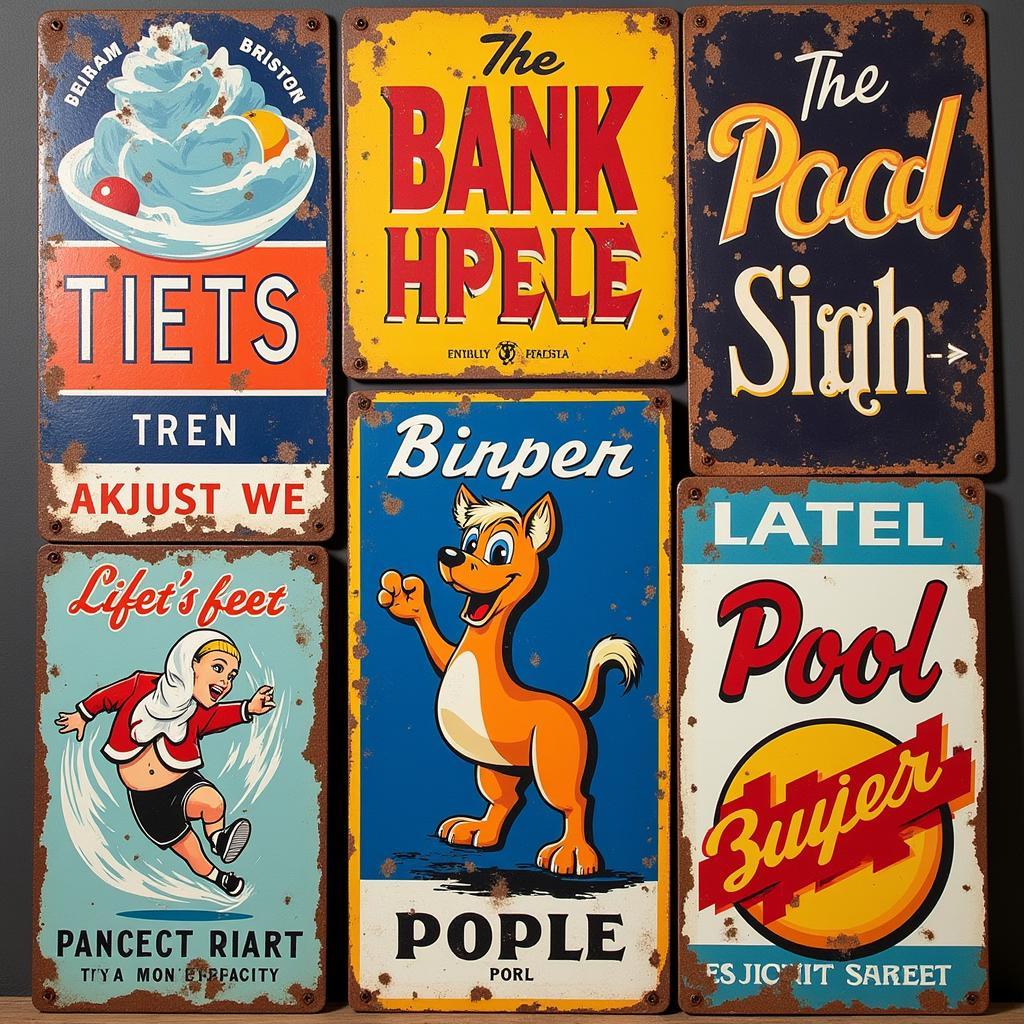 Vintage metal pool signs with a retro design