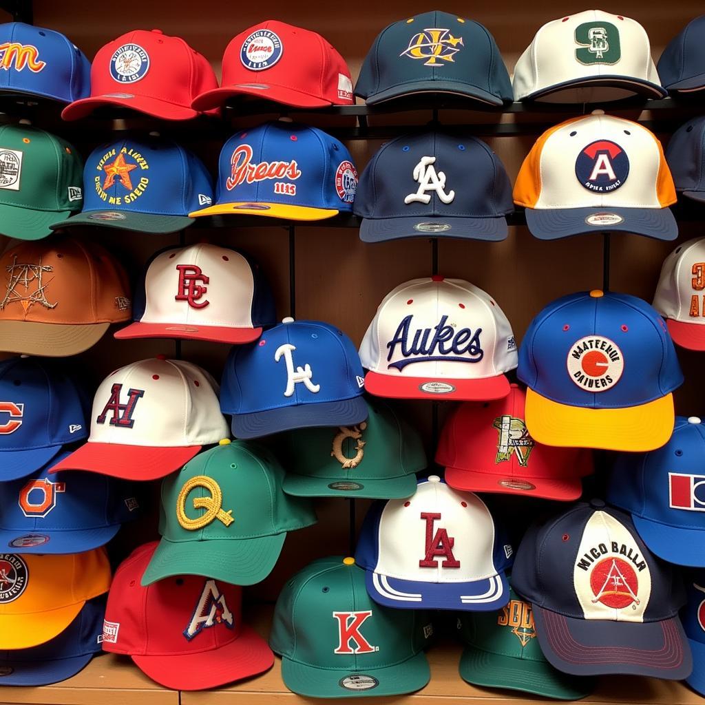 Vintage Minor League Baseball Hats on Display