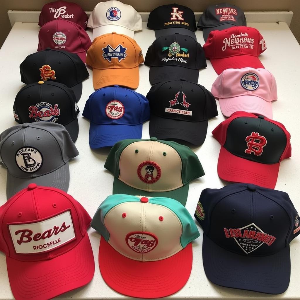 Assortment of vintage Newark Bears baseball hats displayed on a table