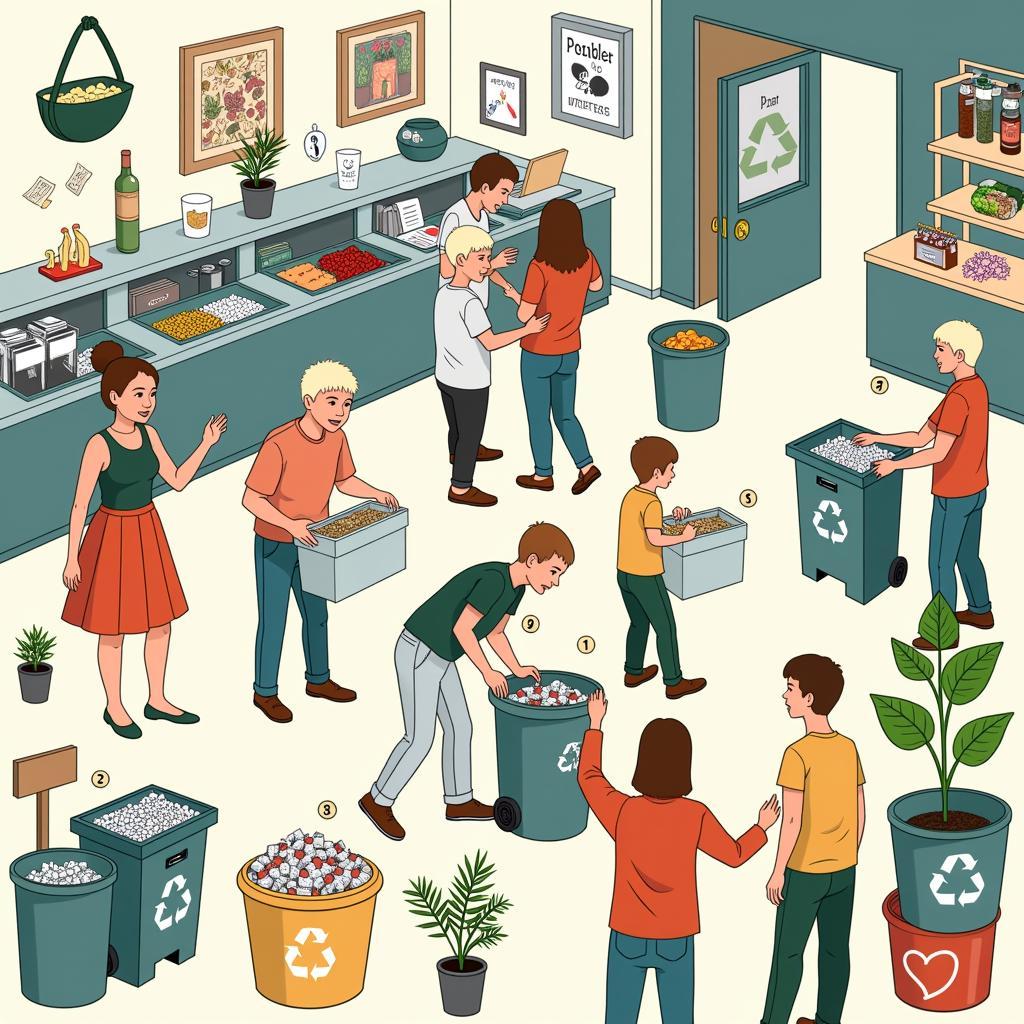 Illustration of a member's club implementing various waste management techniques