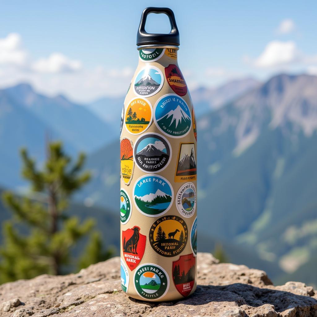 A water bottle covered in a collection of national park stickers