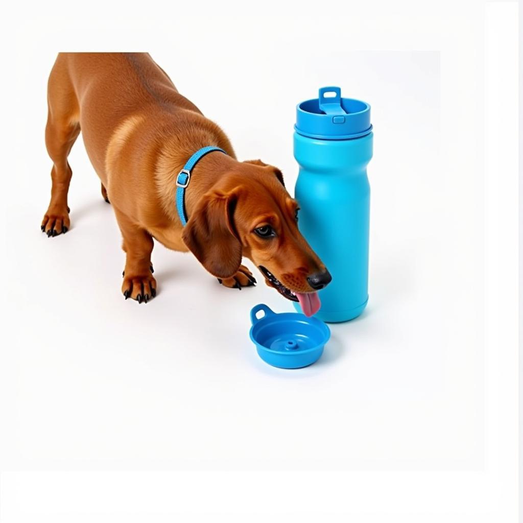 Dachshund happily drinking from a portable water bottle