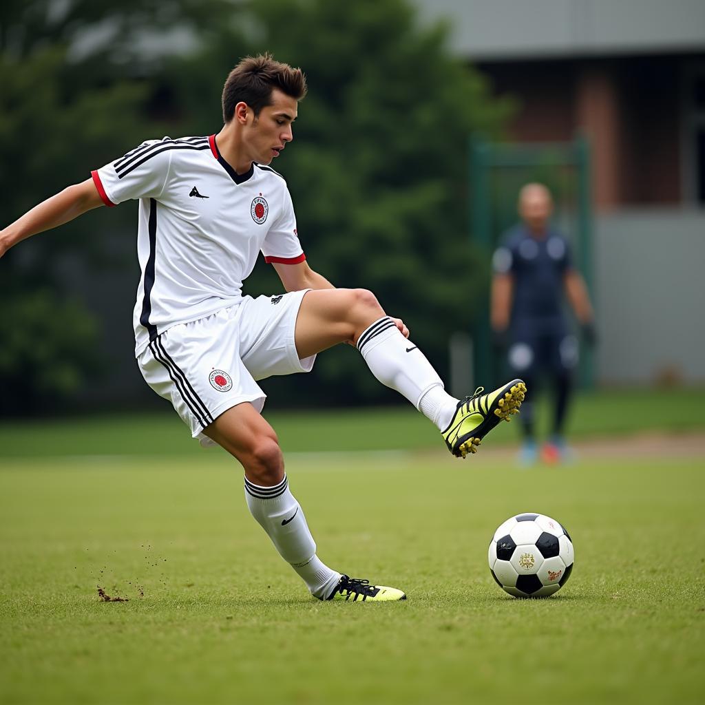 A Western Star soccer ball in mid-air during a powerful kick