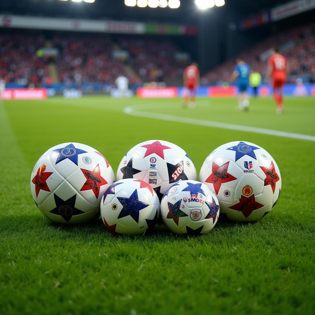 Multiple Western Star soccer balls scattered on a lush green soccer field