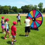 Kids playing wheel play baseball in a park