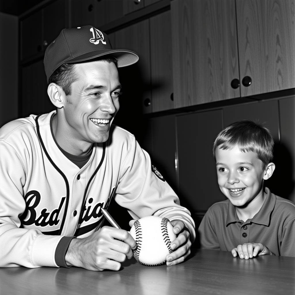 Whitey Ford signing a baseball for a fan