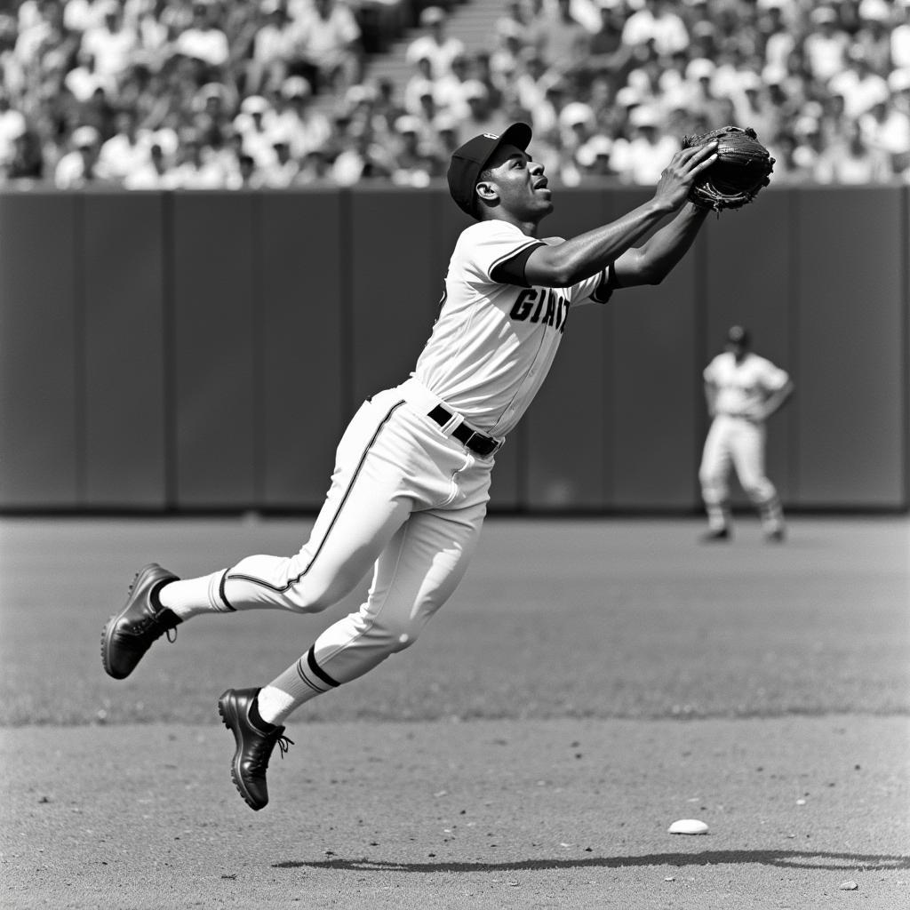 Willie Mays making a spectacular catch in center field during a 1967 game