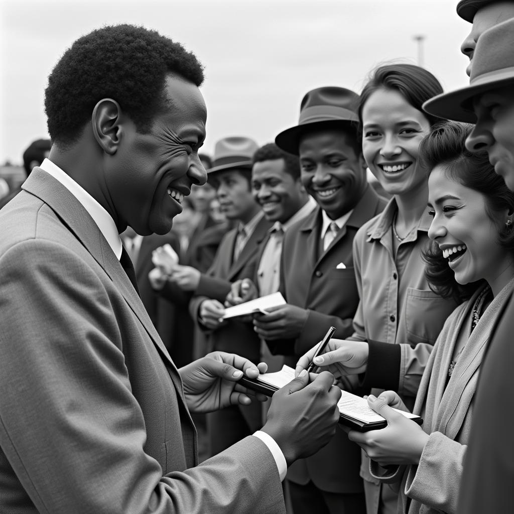 Willie Mays signing autographs for fans outside of Candlestick Park in 1967