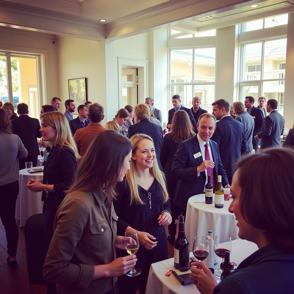 Wine enthusiasts gather around a table at a bustling wine tasting event in San Francisco, sampling wines and enjoying the lively atmosphere.