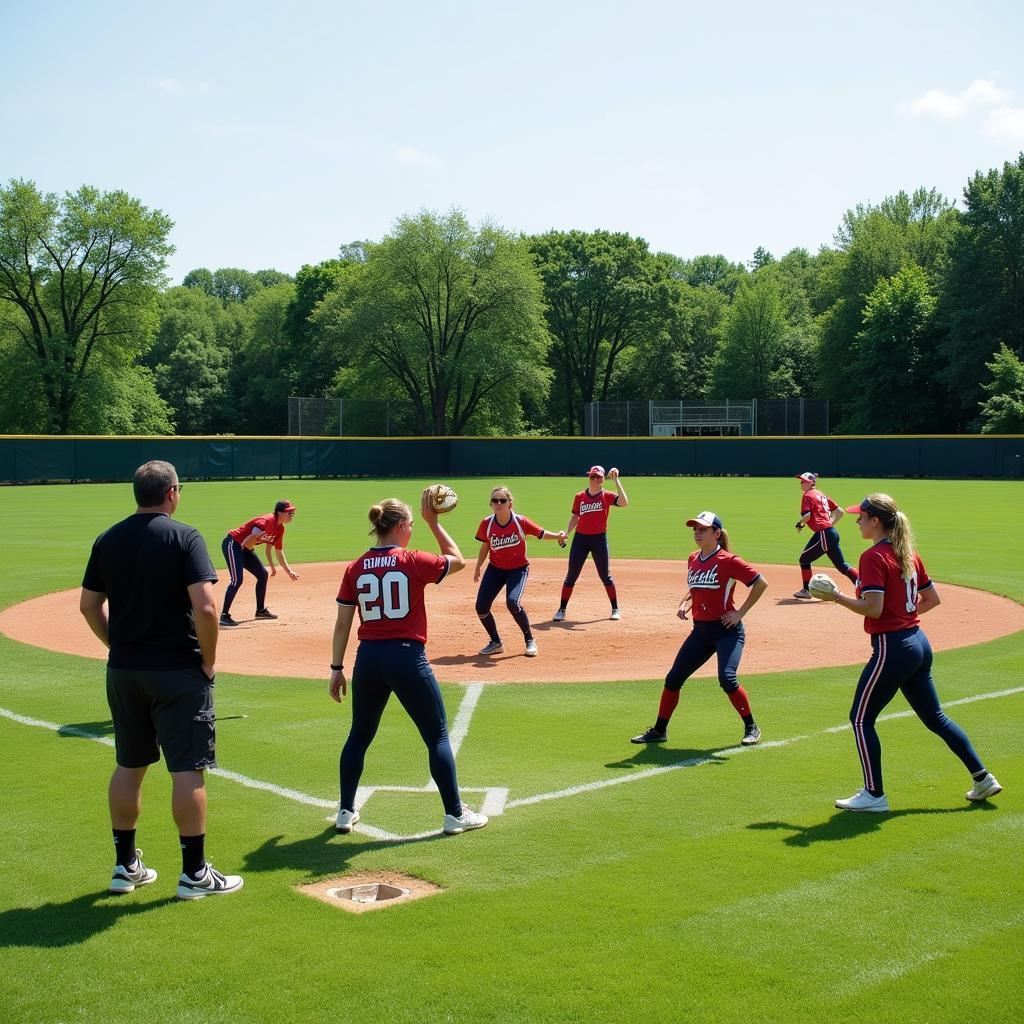 Players participating in drills at a softball camp in Wisconsin