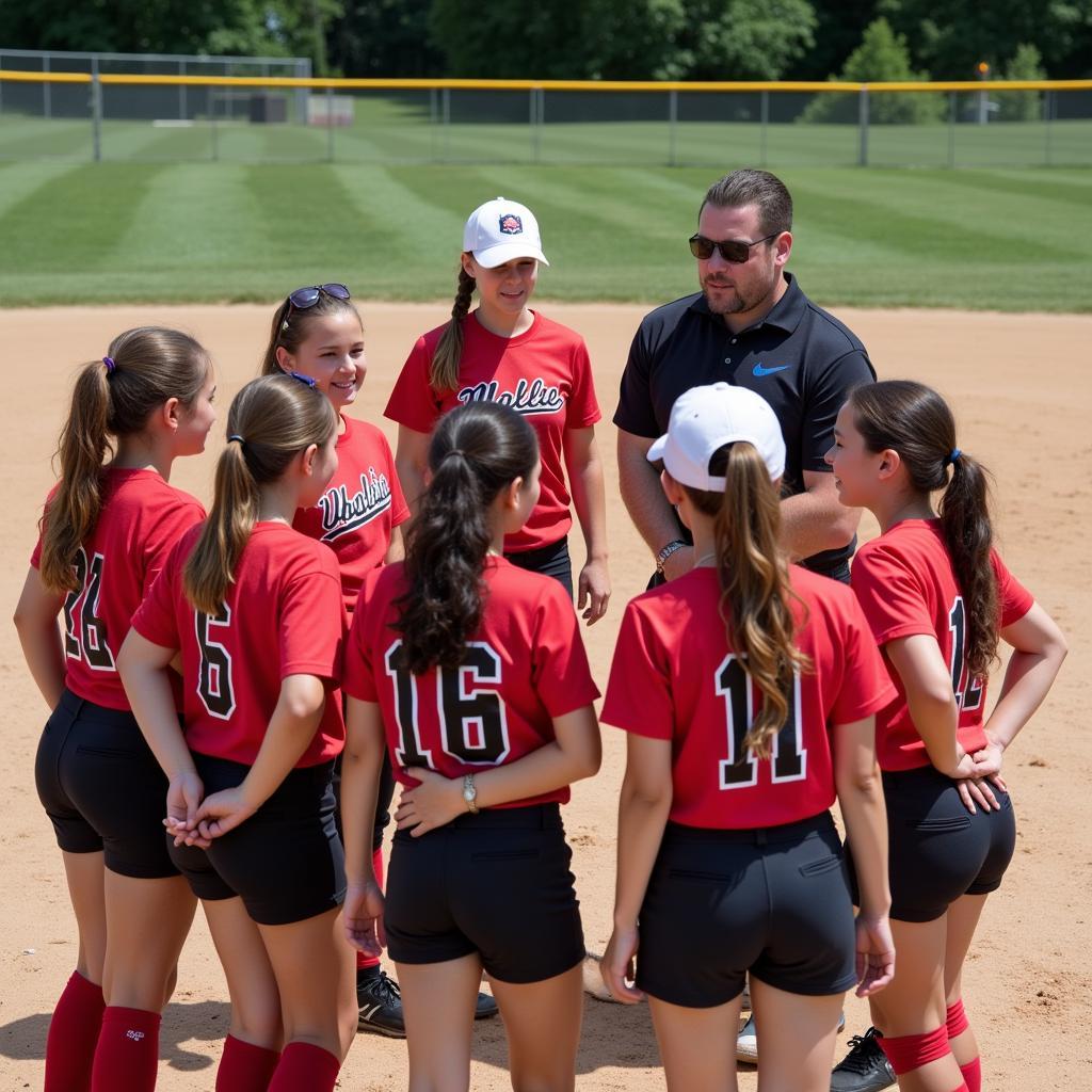 Team huddle for motivation and strategy at a softball camp in Wisconsin