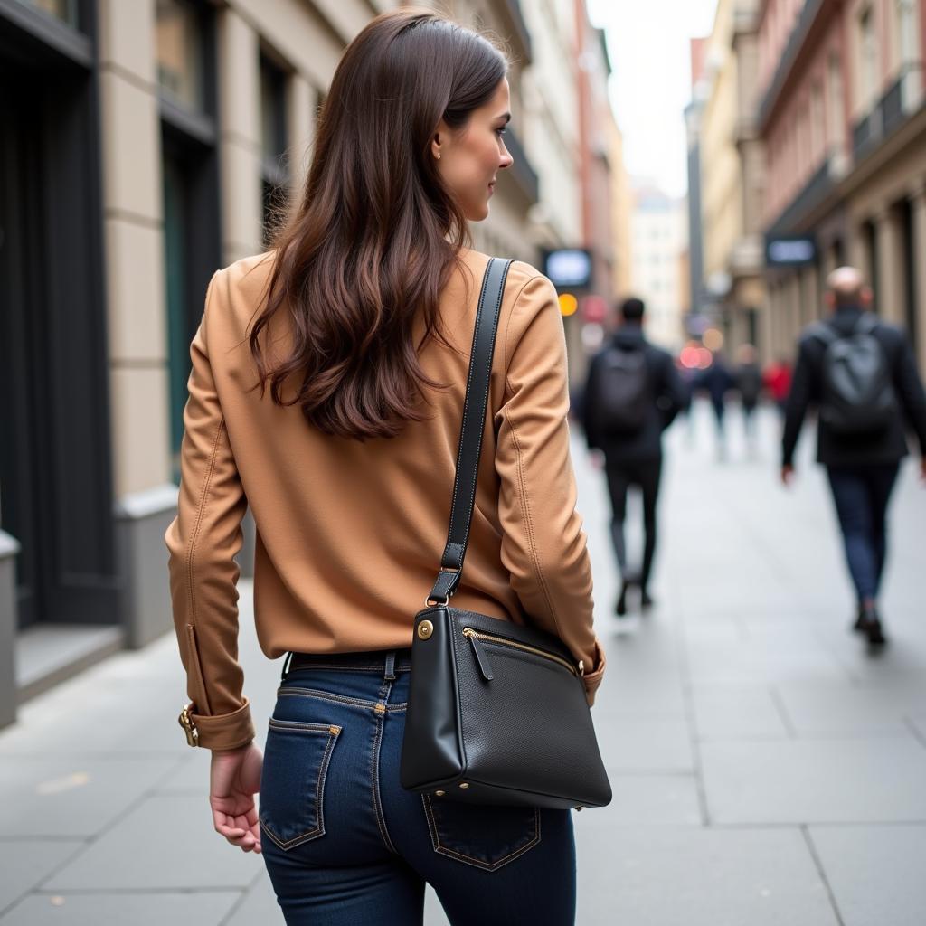 A woman effortlessly carrying a street level crossbody purse.