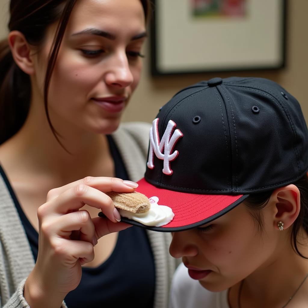 Woman cleaning her Mexican MLB hat