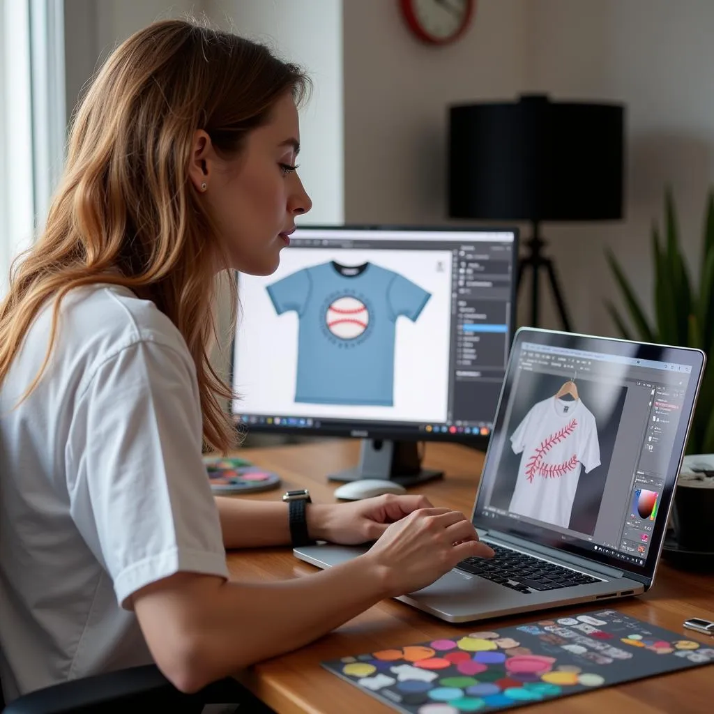 Woman Designing Baseball-Themed T-Shirt with Laptop