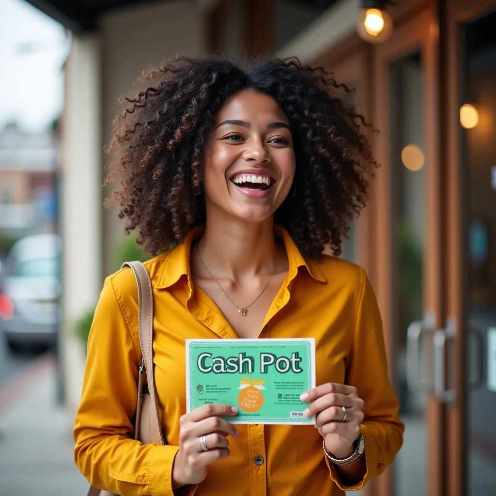 Woman Holding Winning Cash Pot Ticket