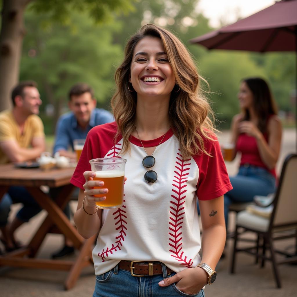 Woman Looking Stylish in a Baseball and Beer Shirt at a Barbecue