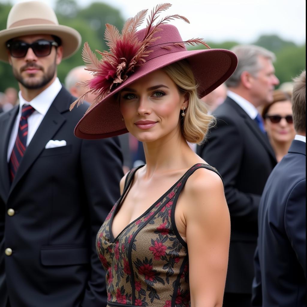 A woman confidently wears a large, feathered hat at a derby.