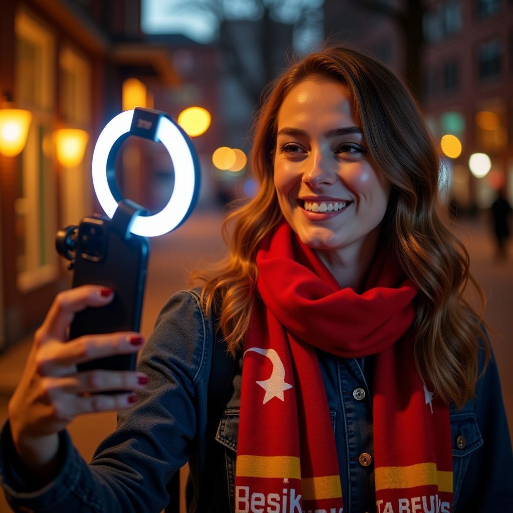 Woman taking a selfie with a Besiktas scarf