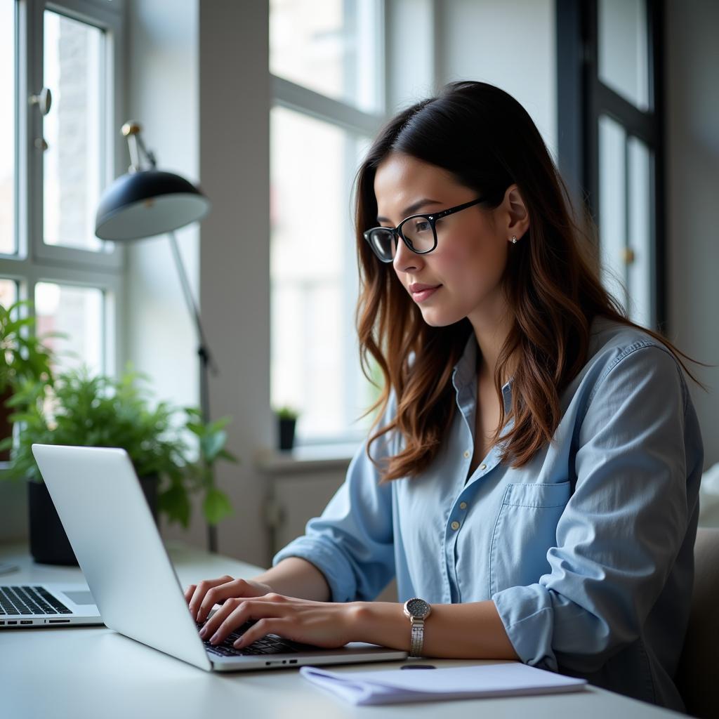 A woman sits at a table, deeply engaged in researching information on her laptop.