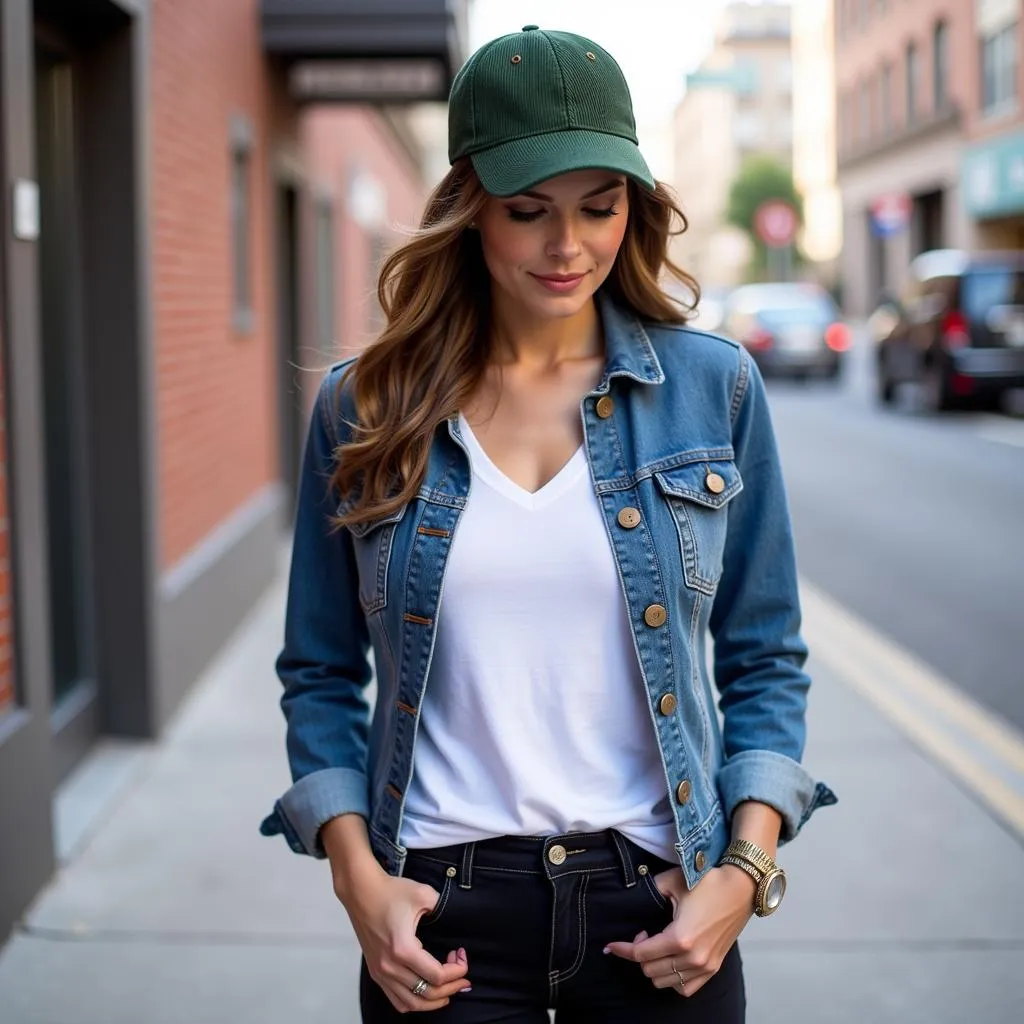 A woman wearing a green corduroy baseball hat with a denim jacket