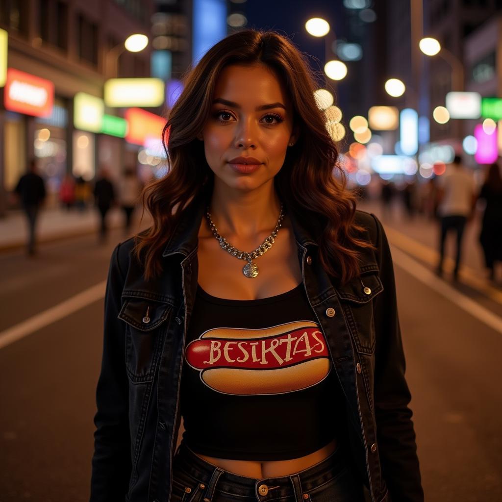 A Besiktas fan showcasing her hot dog tank top as part of a stylish evening outfit