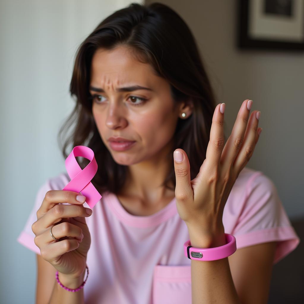 Woman wearing a breast cancer medical alert bracelet while holding a pink ribbon