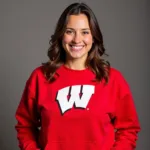 Women's red Wisconsin Badgers sweatshirt with the iconic motion W logo.