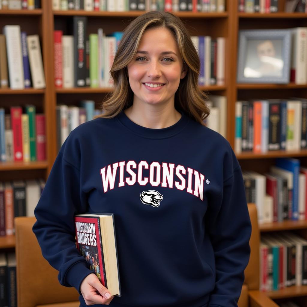 Navy blue Wisconsin Badgers crewneck sweatshirt with "Wisconsin" written across the chest.