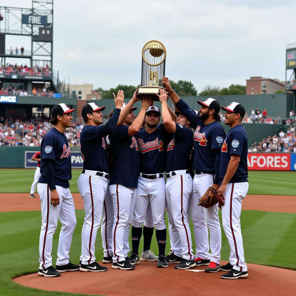 Atlanta Braves players hoisting the World Series trophy