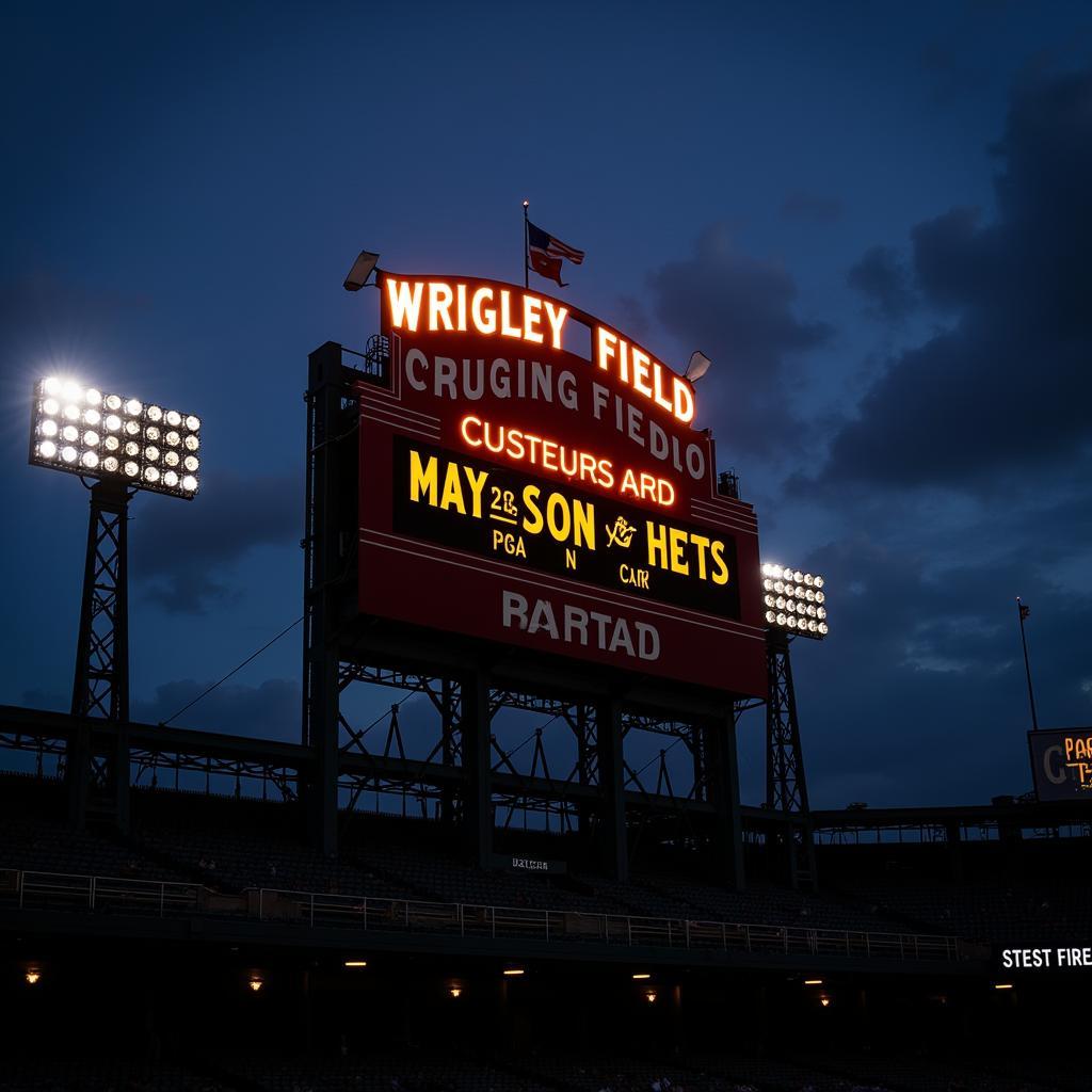 Wrigley Field Scoreboard Clock During a Night Game