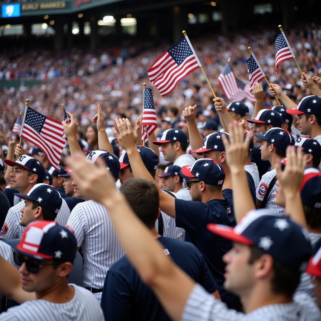 New York Yankees fans wearing hats with the American flag