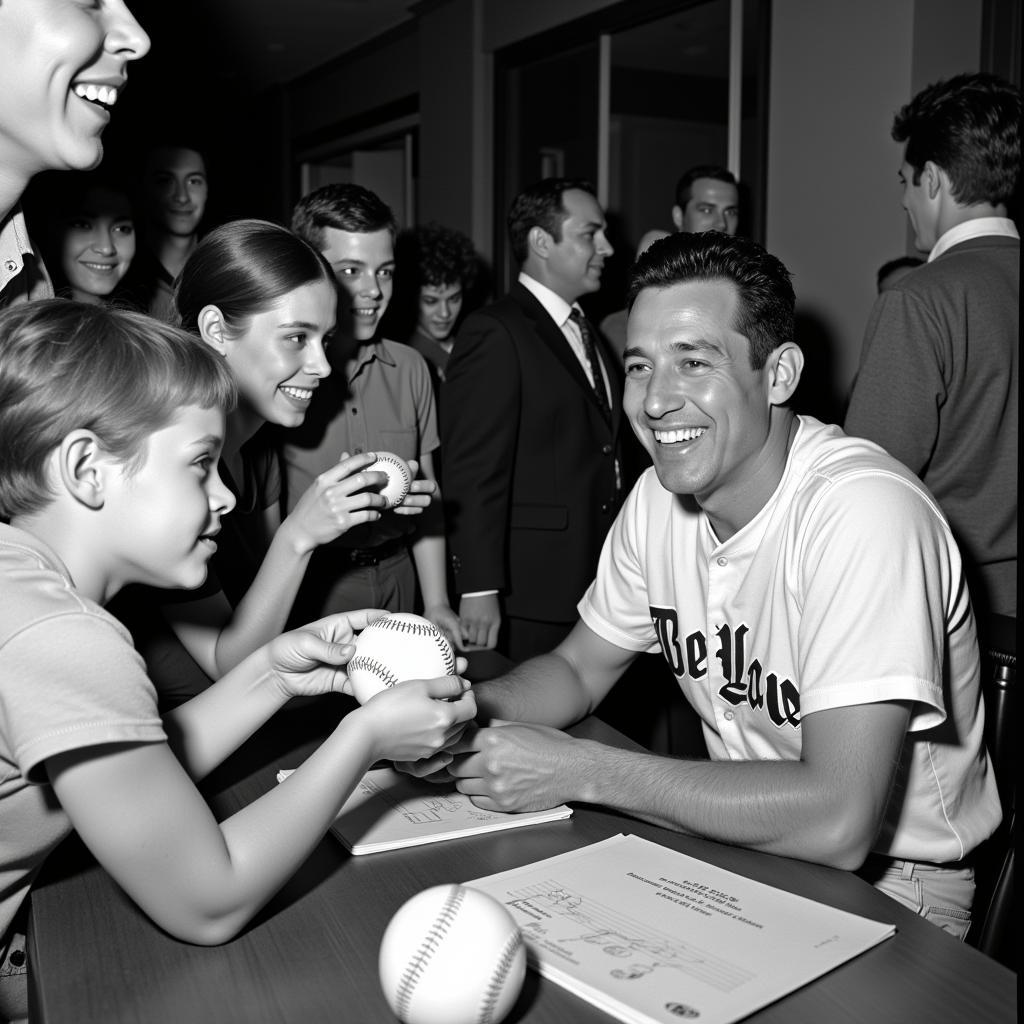 Yogi Berra signing autographs for fans