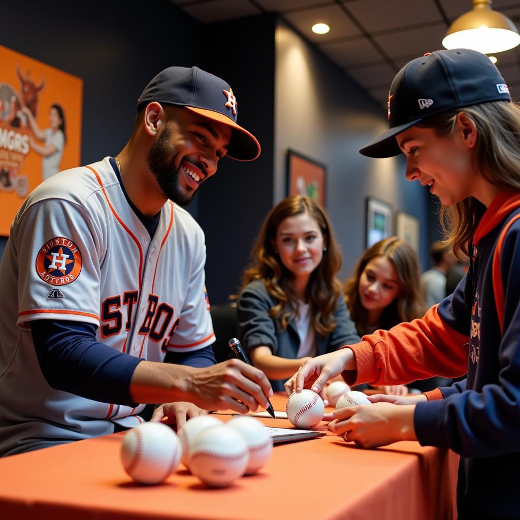 Yordan Alvarez signing baseballs for fans at a Houston Astros fan event