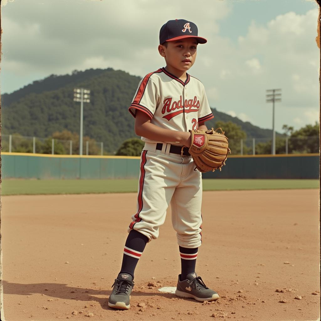 Young Alec Gomez on a baseball field in the Dominican Republic