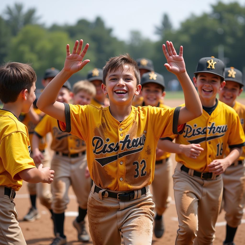 Kids inspired by their baseball heroes during a little league game.