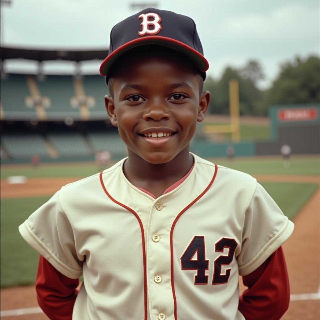 A young baseball player wearing a number 42 jersey