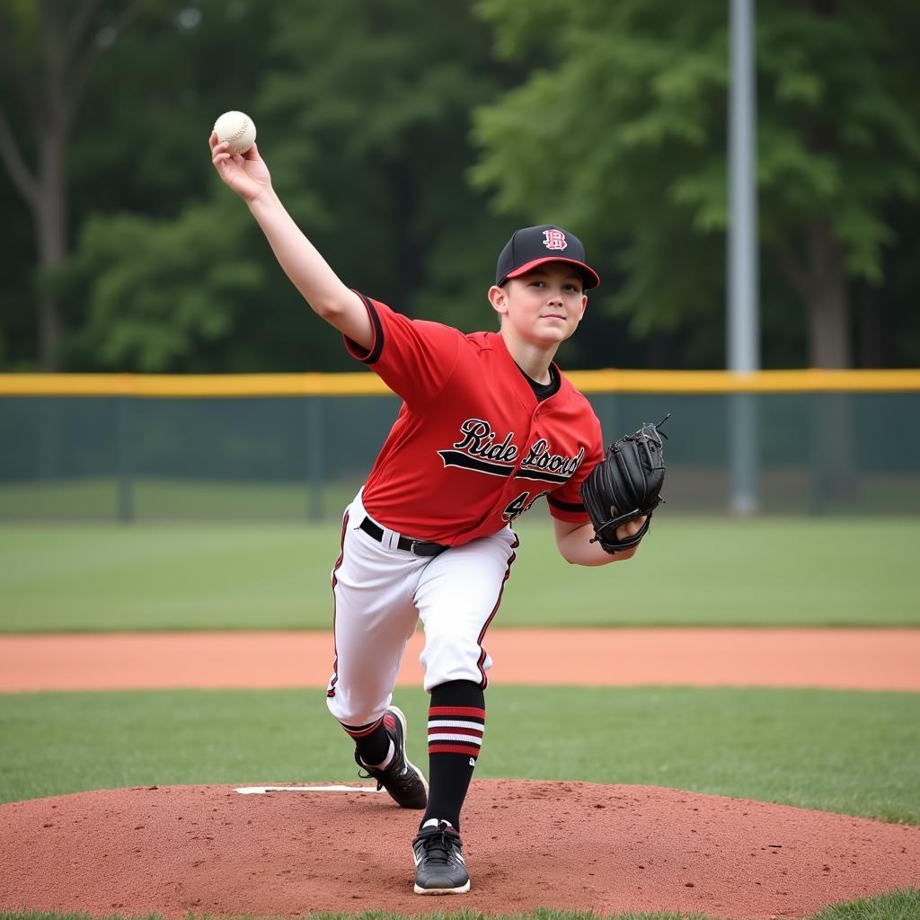 Young baseball player pitching with a Diamond Little League baseball