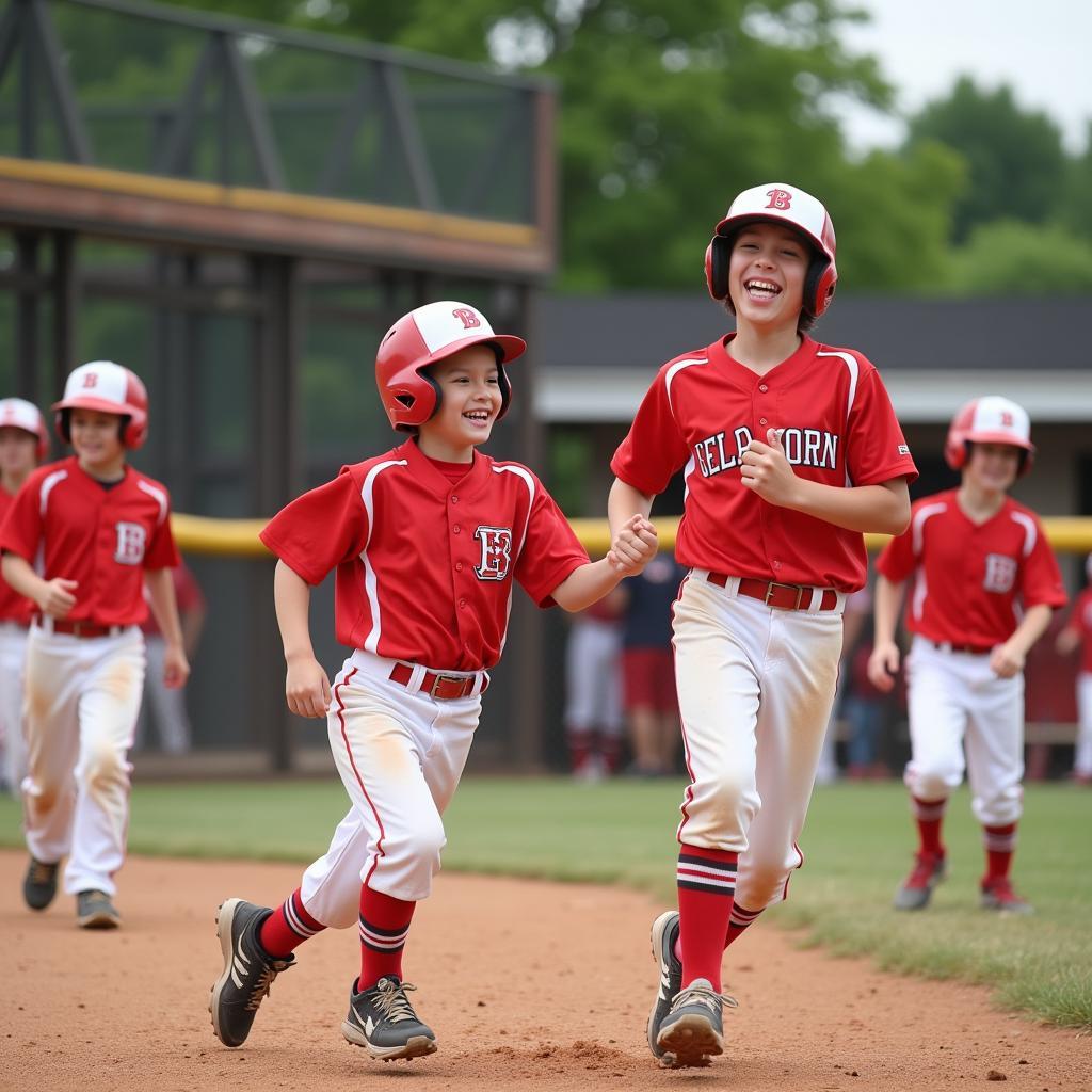 Young baseball players celebrating a run