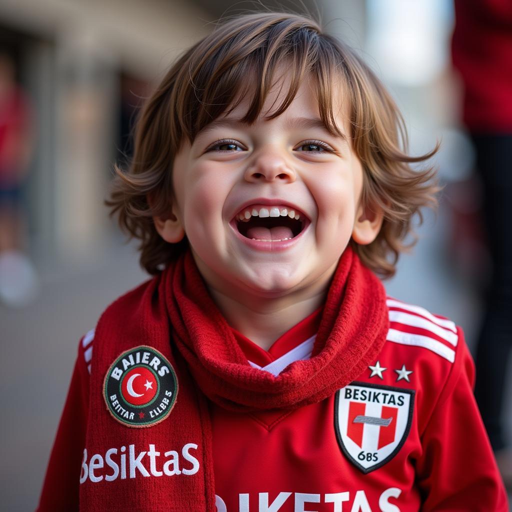 A young Besiktas fan celebrates with joy, symbolizing the future generation of the "Green Tribe."