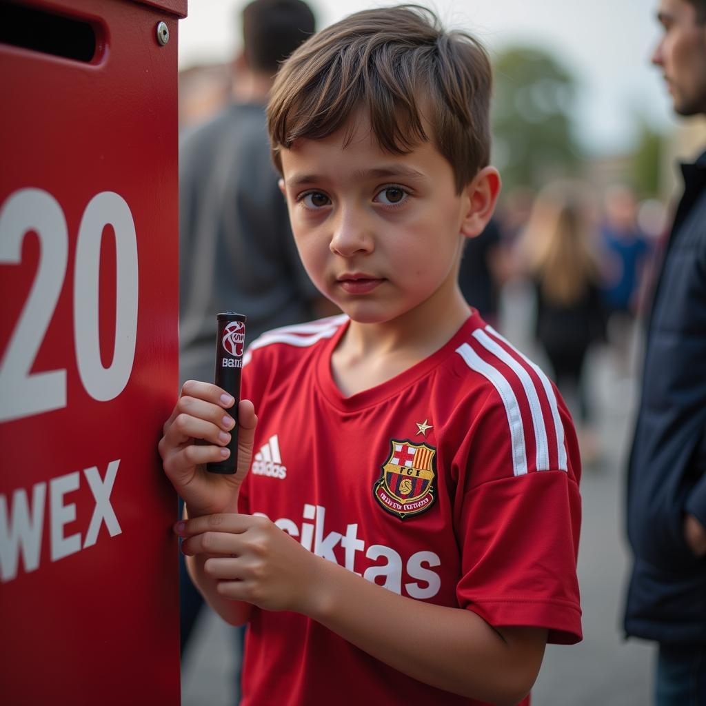 A young Besiktas fan donates his prized 20-20 pen to support the club during a fundraising campaign